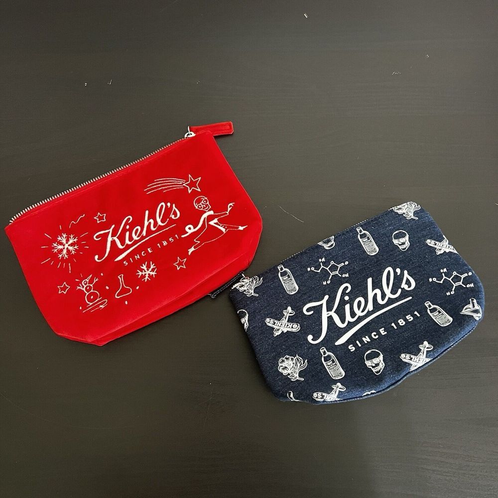 Kiehl's Travel Comestic Pouch bag Red Blue Denim Set Of‎ 2 Christmas Apothecary